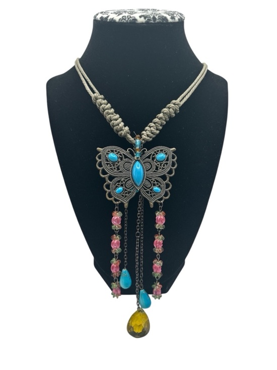 Jewelry - Boho Butterfly Pendant Faux Turqouise And Floral Beads Nature Cord Necklace